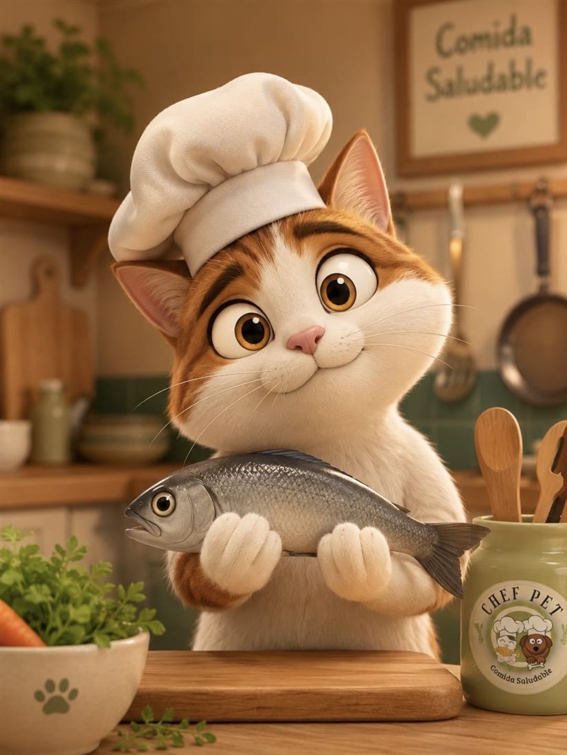 Ilustración del gato chef de Chef Pet sosteniendo un pescado
