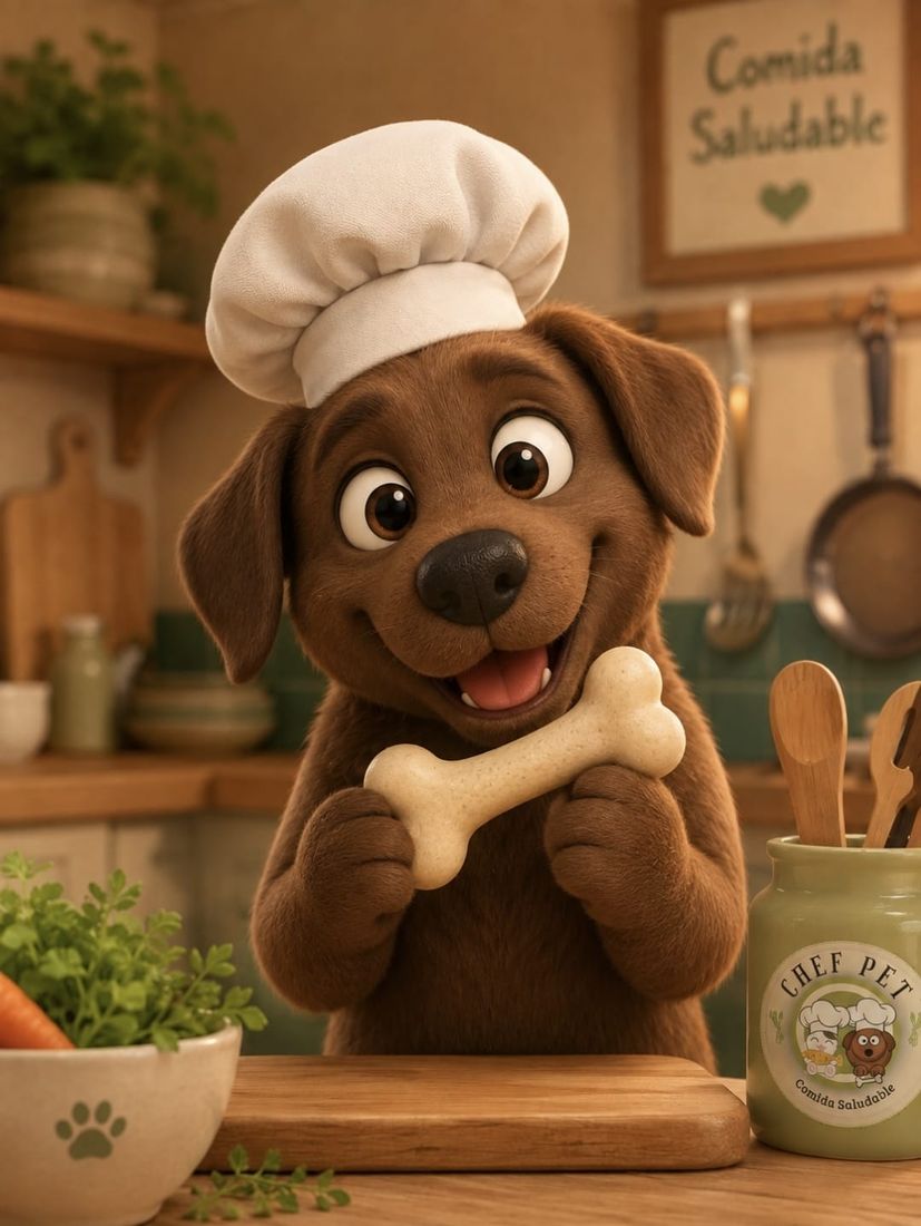 Ilustración del perro chef de Chef Pet sosteniendo un hueso