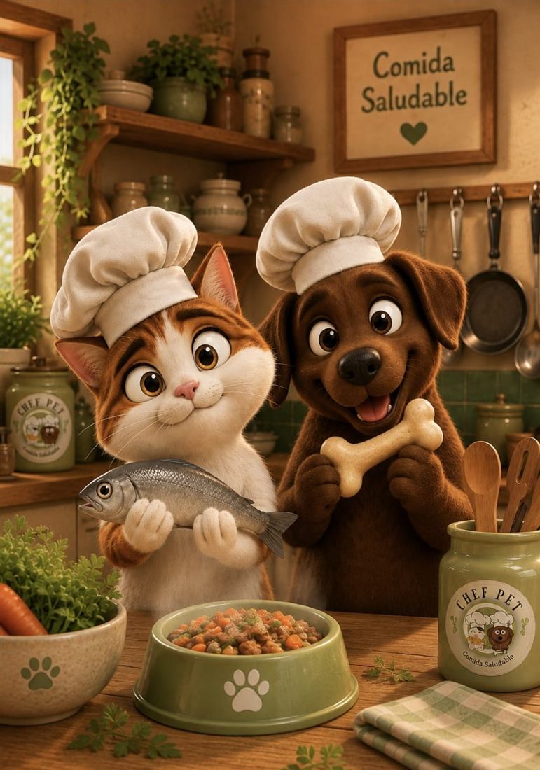 Ilustración del gato y el perro de Chef Pet con gorros de cocinero, en una cocina
