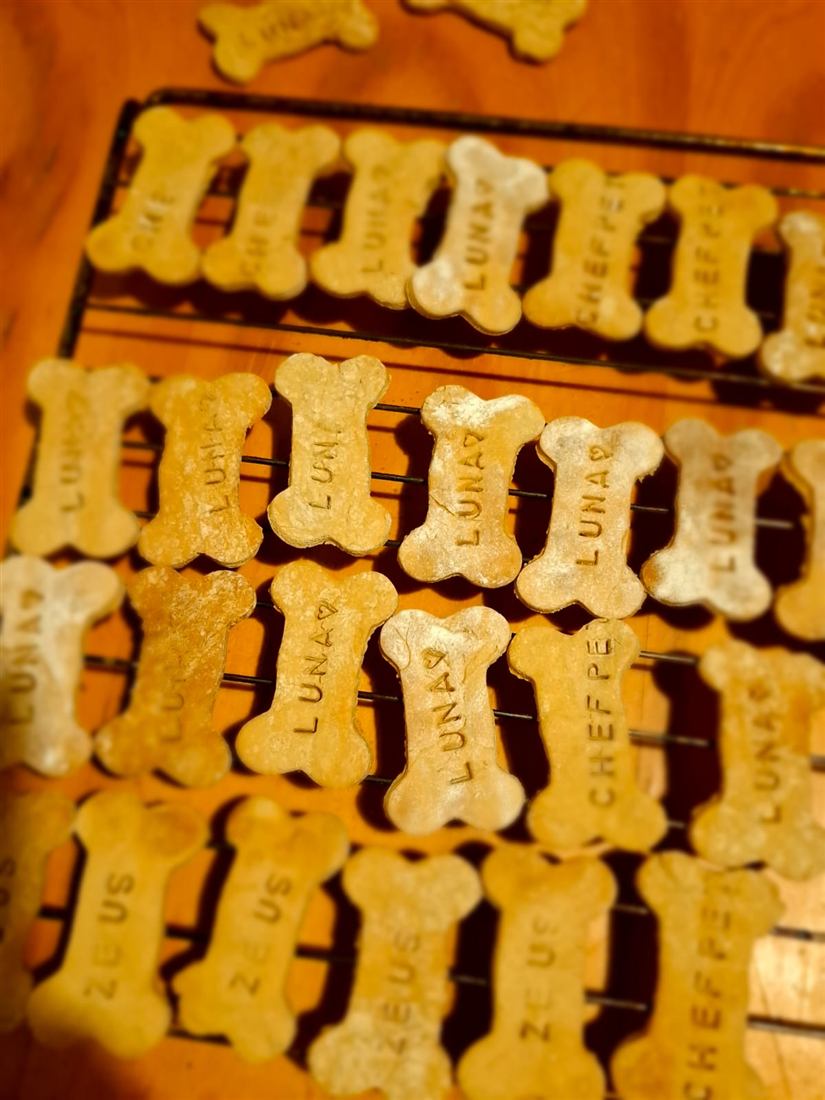 Galletas con forma de hueso grabadas con los nombres Luna y Zeus